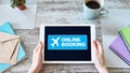 Flight ticket booking online service on device screen. Internet and technology concept.