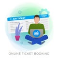 Flight Ticket Online Booking flat vector icon. Man makes his journey reservations with mobile app or website service