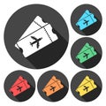 Flight ticket, ticket icons set with long shadow Royalty Free Stock Photo