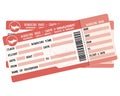 Flight tickets. Two red boarding passes. Illustration for vacation departure.