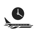 Flight time black glyph icon. Departure time of a particular flight. May vary. Pictogram for web page, mobile app, promo. UI UX