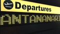 Flight to Antananarivo on international airport departures board. Travelling to Madagascar conceptual 3D rendering