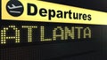 Flight to Atlanta on international airport departures board. Travelling to the United States conceptual 3D rendering Royalty Free Stock Photo