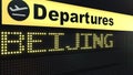 Flight to Beijing on international airport departures board. Travelling to China conceptual 3D rendering