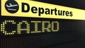 Flight to Cairo on international airport departures board. Travelling to Egypt conceptual 3D rendering Royalty Free Stock Photo