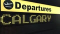 Flight to Calgary on international airport departures board. Travelling to Canada conceptual 3D rendering