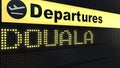 Flight to Douala on international airport departures board. Travelling to Cameroon conceptual 3D rendering
