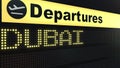 Flight to Dubai on international airport departures board. Travelling to the United Arab Emirates conceptual 3D Royalty Free Stock Photo
