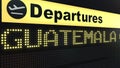 Flight to Guatemala City on international airport departures board. Travelling to Guatemala conceptual 3D rendering