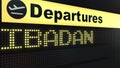 Flight to Ibadan on international airport departures board. Travelling to Nigeria conceptual 3D rendering