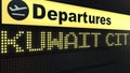 Flight to Kuwait City on international airport departures board. Travelling to Kuwait conceptual 3D rendering