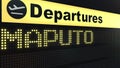 Flight to Maputo on international airport departures board. Travelling to Mozambique conceptual 3D rendering