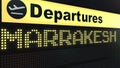 Flight to Marrakesh on international airport departures board. Travelling to Morocco conceptual 3D rendering