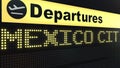 Flight to Mexico City on international airport departures board. Travelling to Mexico conceptual 3D rendering
