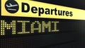 Flight to Miami on international airport departures board. Travelling to the United States conceptual 3D rendering Royalty Free Stock Photo