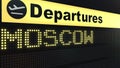 Flight to Moscow on international airport departures board. Travelling to Russia conceptual 3D rendering