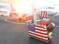 Flight to New York, USA.Vintage suiitcase with symbols of United States of America, Trip, travel and tourism  to USA concept Royalty Free Stock Photo