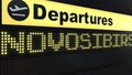 Flight to Novosibirsk on international airport departures board. Travelling to Russia conceptual 3D rendering