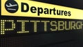 Flight to Pittsburgh on international airport departures board. Travelling to the United States conceptual 3D rendering Royalty Free Stock Photo