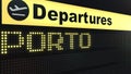 Flight to Porto on international airport departures board. Travelling to Portugal conceptual 3D rendering