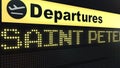 Flight to Saint Petersburg on international airport departures board. Travelling to Russia conceptual 3D rendering