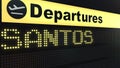 Flight to Santos on international airport departures board. Travelling to Brazil conceptual 3D rendering