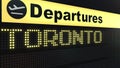 Flight to Toronto on international airport departures board. Travelling to Canada conceptual 3D rendering Royalty Free Stock Photo