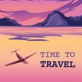 Flight to a tropical island. Poster, vector illustration Unbelievable mountain landscape. Exciting view. A great Royalty Free Stock Photo