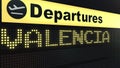 Flight to Valencia on international airport departures board. Travelling conceptual 3D rendering