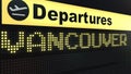 Flight to Vancouver on international airport departures board. Travelling to Canada conceptual 3D rendering