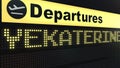 Flight to Yekaterinburg on international airport departures board. Travelling to Russia conceptual 3D rendering