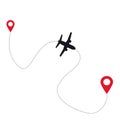 Flight trace with an airplane and location marks on a white background with copy space