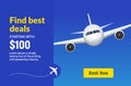 Flight travel trip banner for online booking. Vector Airplane ticket online sale design promo template Royalty Free Stock Photo