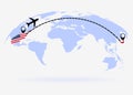 Flight from USA to Japan above world map. Airplane arrives to Japan. The world map. Airplane line path. Vector illustration. EPS Royalty Free Stock Photo