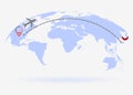 Flight from USA to Japan above world map. Airplane arrives to Japan. The world map. Airplane line path. Vector illustration. EPS Royalty Free Stock Photo