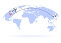 Flight from USA to South Korea above world map. Airplane arrives to South Korea. The world map. Airplane line path. Vector