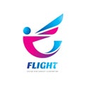 Flight - vector logo template concept illustration. Abstract human character creative sign. Flight person with wing.