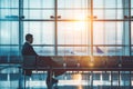 During flight waiting period, man is sitting in an empty airport terminal near boarding gate with his baggage Royalty Free Stock Photo