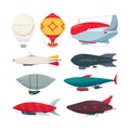 Flight zeppelin. Airship balloon freedom concept collection vector dirigible set