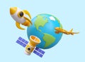 Flights around Earth. 3D space rocket, satellite, plane. Composition in cartoon style Royalty Free Stock Photo