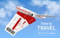 Flights banner. Realistic airplane in sky international transportation, travel foreign vacation, express delivery