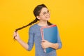 Flights of imagination. Girl with long plaits hold books. Little dreamer with thoughtful look yellow background