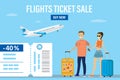 Flights ticket sale, landing page. Sale of air tickets with large discount. Boarding pass, plane taking off. Couple of tourists