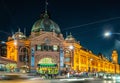 Flinders Railway Station at night with light lines in Melbourne, Australia Royalty Free Stock Photo