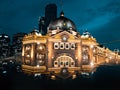 Flinders station at beautiful gradien blue sky at night. Melbourne city, Victoria, Australia 11 November 2019