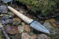 Flint knife - stone age tool leaf blade in deer antler Royalty Free Stock Photo