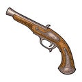 Flintlock antique pistol. Vector color vintage engraving