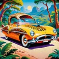 Flintstone leopard skin touring jalopy car comic Royalty Free Stock Photo