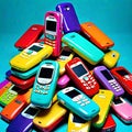 Flip cell phone pile obsolete old cellphone Royalty Free Stock Photo