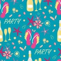 Flip flop and party seamless vector pattern background. Luxurious pink,gold, aqua blue backdrop with text, sandals shoes